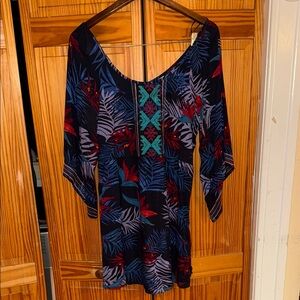 Roxy Tropical Print Dress/Tunic with Embroidered Blue and Red Accents M